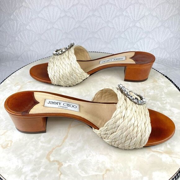 Jimmy Choo Granger Raffia-Wicker Heels Sandals Ivory Crystal Embellished Slides - Picture 7 of 13